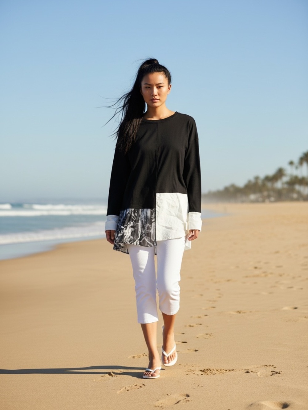 Ozai N Ku Black White Mixed-media asymetric pleated Tunic Top Art to wear
